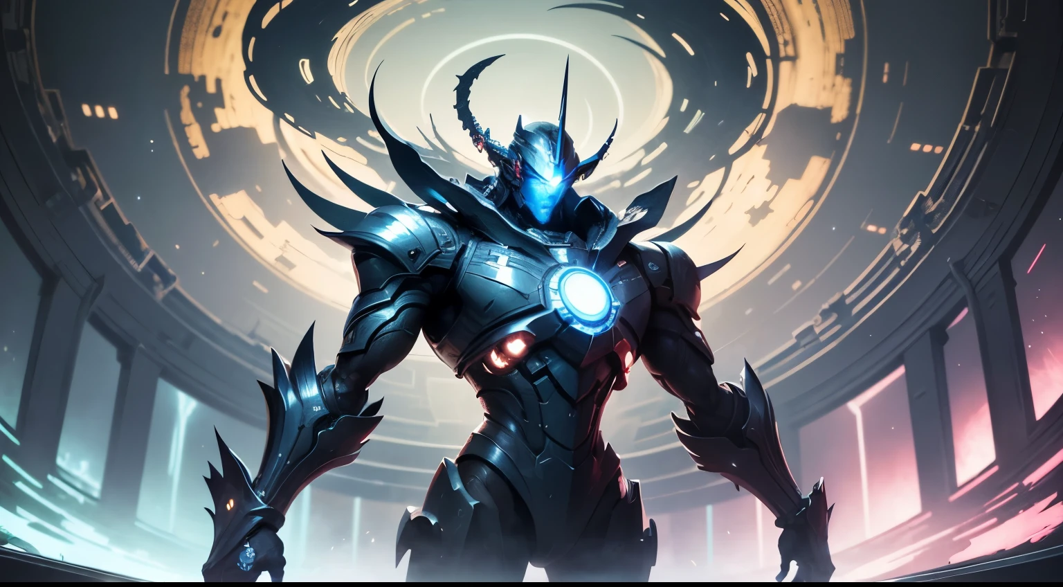 A futuristic divine-looking robot holds a black hole in its hands, creating a colossal vortex in the middle of space. His imposing presence, with ultra-detailed details and impeccable lighting, makes it look like he was carved by gods.