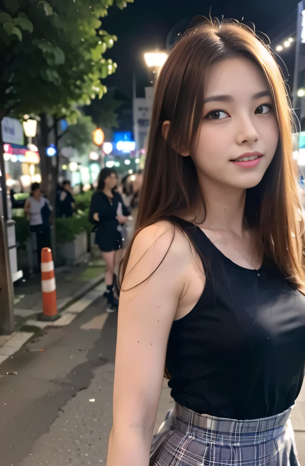 (8k, RAW photo, best quality, mastery:1.3), (realistic, photo-realistic:1.37), (looking viewer:1.331), (long auburn hair), posing, Tokyo street, nightcityscape, cyberpunk city, soft light, 1girl, extremely beautiful face , Perfect body proportions, (small face: 1.1), bust, casual hairstyle, smile, big eyes, (slip school uniform with mini skirt), mix4, detailed eyes