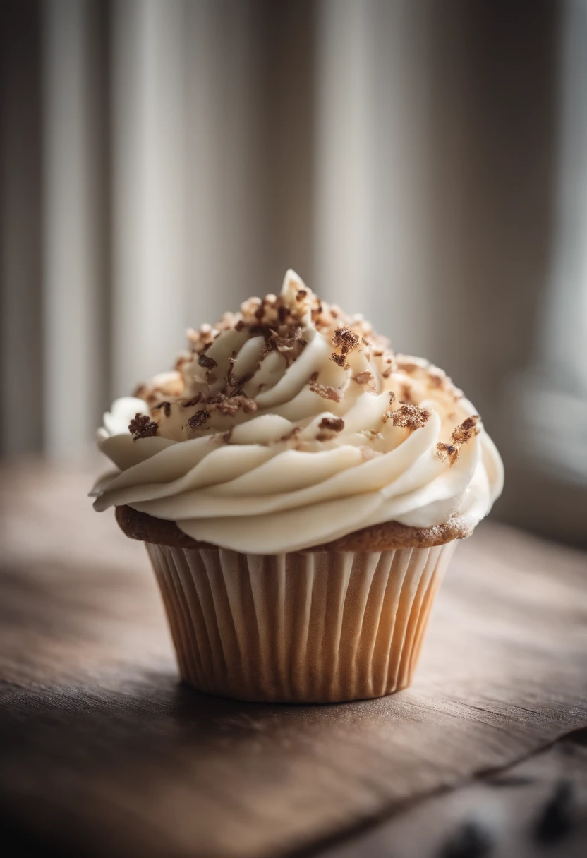 a detail shot of a perfectly frosted cupcake, showcasing the intricate piping work and decorative elements that make it a visually appealing and sweet snack