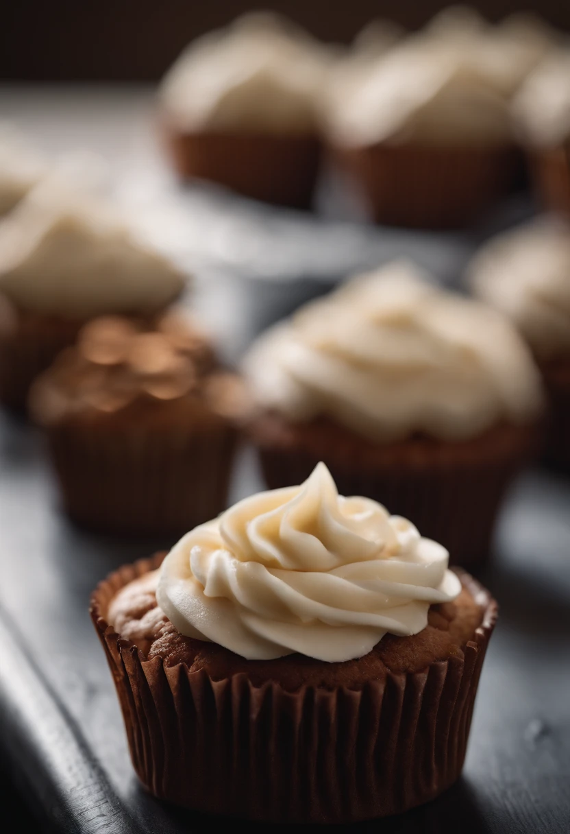 a detail shot of a perfectly frosted cupcake, showcasing the intricate piping work and decorative elements that make it a visually appealing and sweet snack