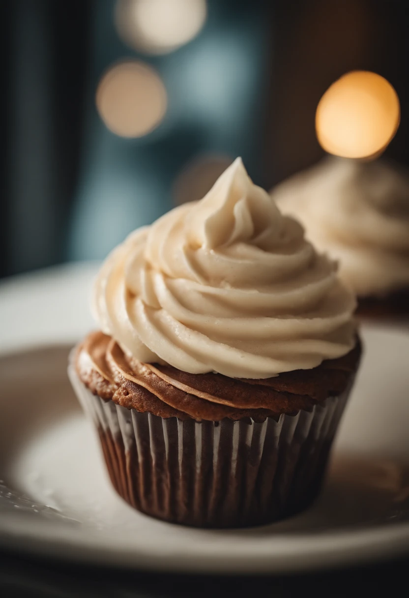 a detail shot of a perfectly frosted cupcake, showcasing the intricate piping work and decorative elements that make it a visually appealing and sweet snack