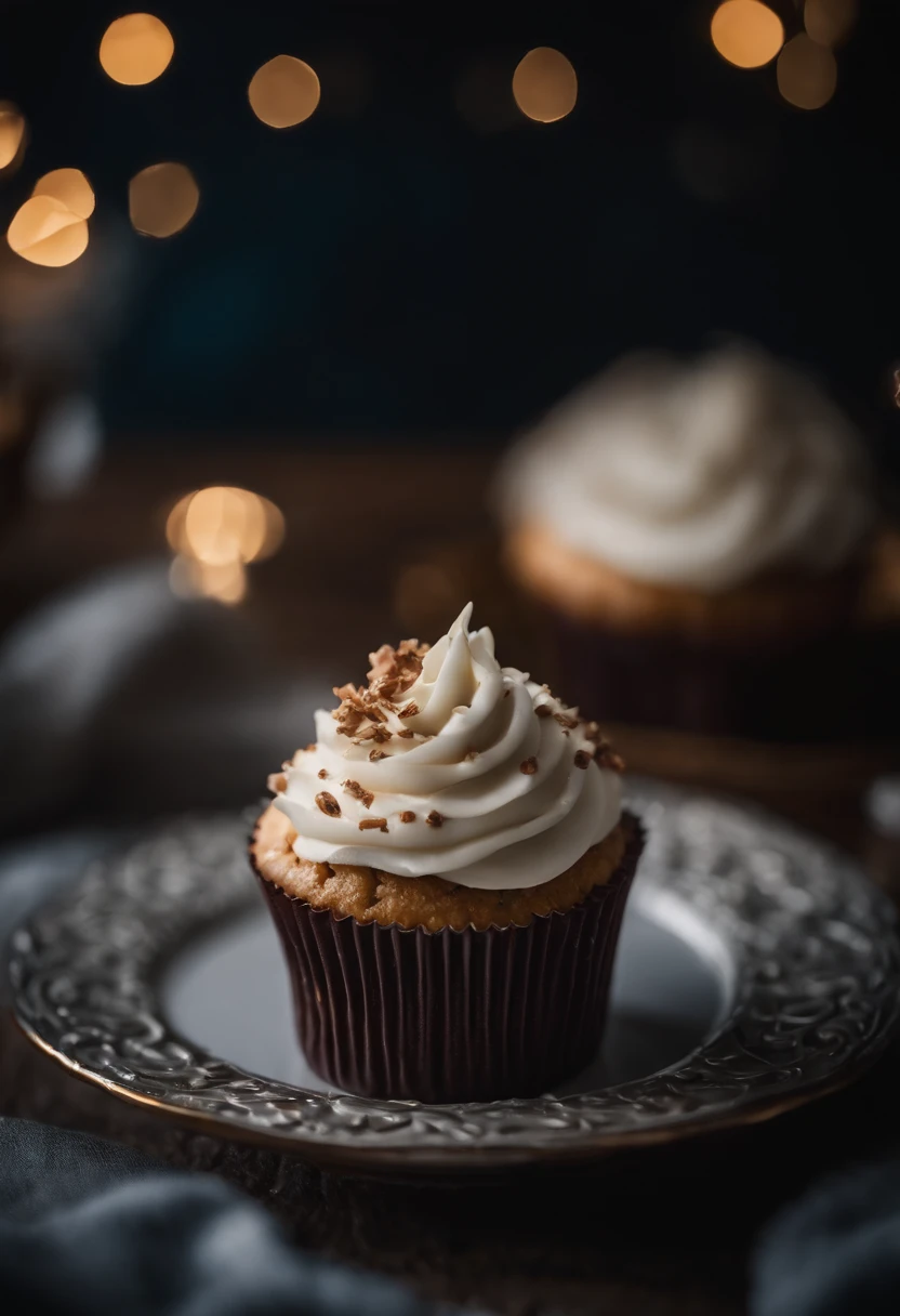 a detail shot of a perfectly frosted cupcake, showcasing the intricate piping work and decorative elements that make it a visually appealing and sweet snack