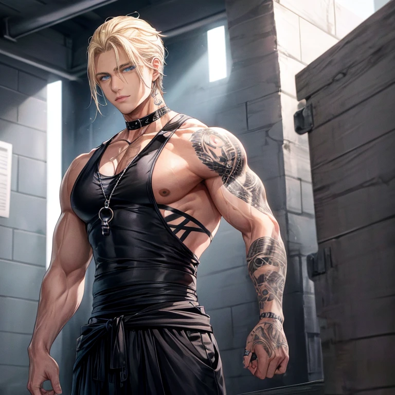 Male prisoner, blond hair, blue eyes, masculine, tank top, black and white prison jumpsuit tied around his waist, tattoos