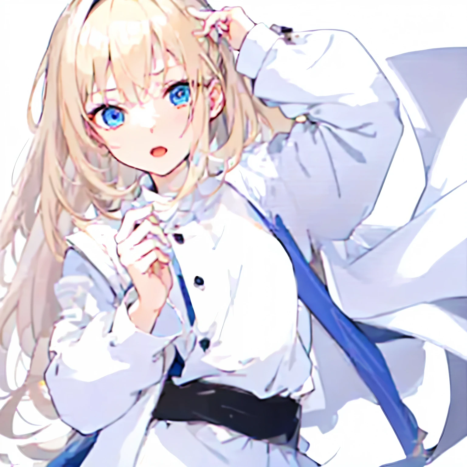 【Highest Quality, masutepiece】  [(1girl:1.5), expressioness, (blonde hair:1.5), long hair,Blue dress, (blue eyes:1.3), white legwear, apron, hairband ribbon, slender beauty, short stature ,shoes, short sleeves, saucer, black footwear, Upper body] (Gray white background:1.7), smile