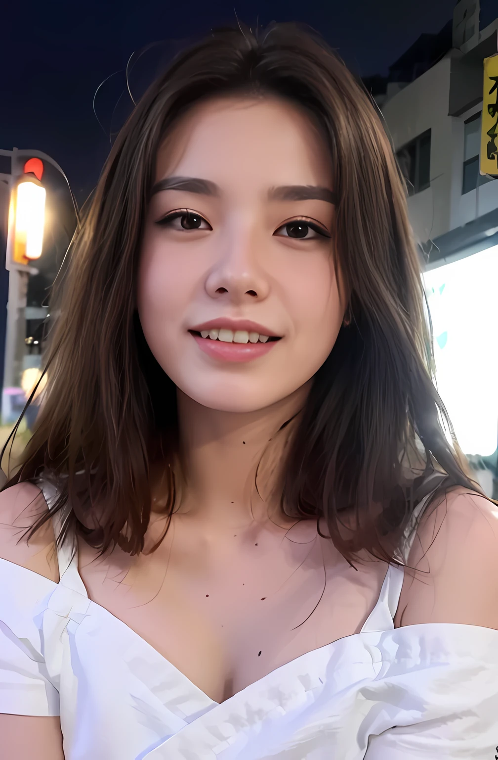 (8k, RAW photo, best quality, mastery:1.3), (realistic, photo-realistic:1.37), (looking viewer:1.331), (brunette hair), posing, Tokyo street, nightcityscape, cyberpunk city, soft light, 1girl, extremely beautiful face , Perfect body proportions, (small face: 1.1), bust, casual hairstyle, smile, big eyes, (off-shoulder kimono), mix4, detailed eyes