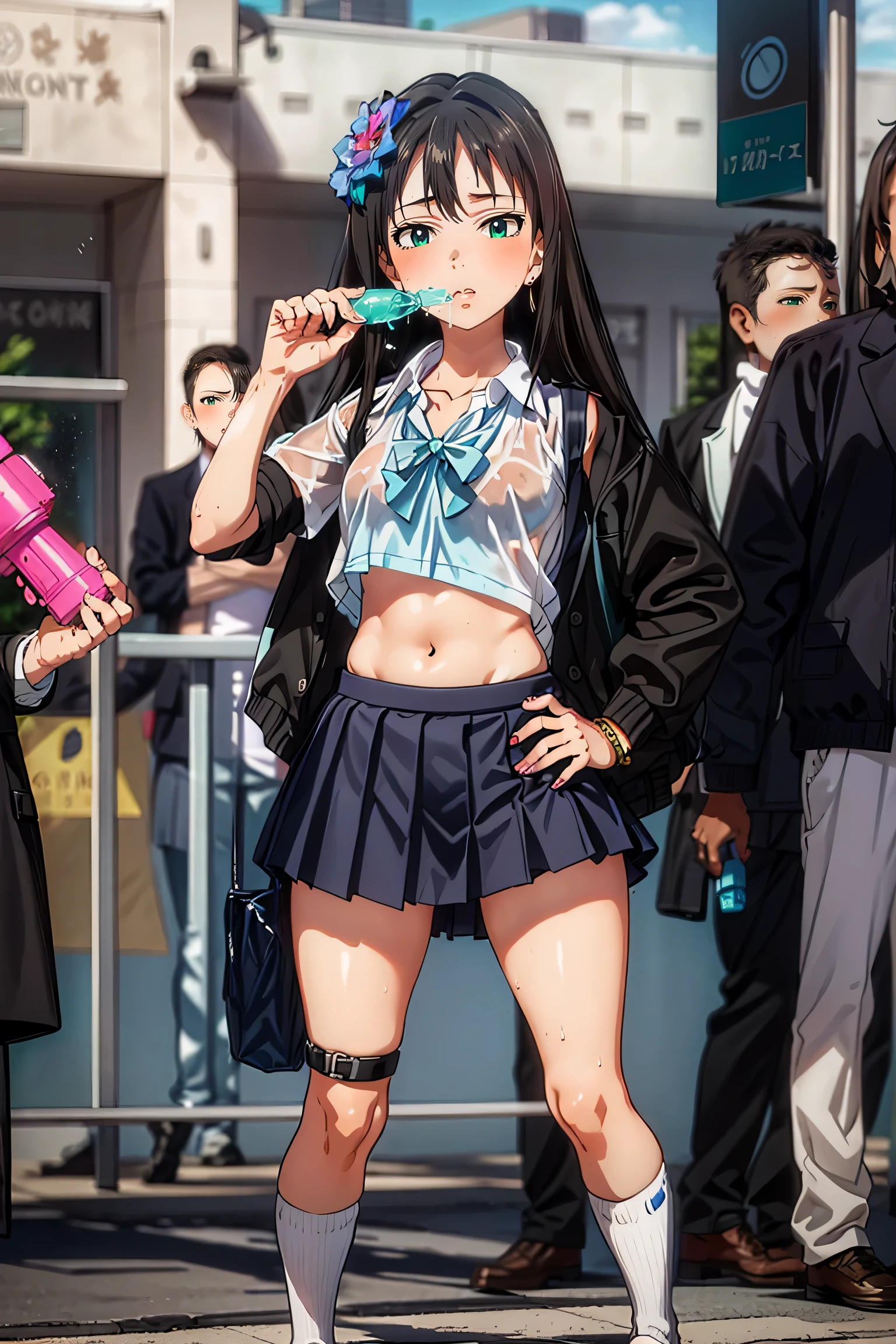 Brown Gal,Open cloth,deadpan,((Wet T-shirt))),Solo,Looking at Viewer,Rin Shibuya,perfect anatomia,((Full body like from head to toe)),((water gun festival)),a large amount of ,Tecateca skin,Full body like,Small,Saggy,student clothes,Solo,One girl,Lower breast,Navel,Uniform exposure,((Water Festival))