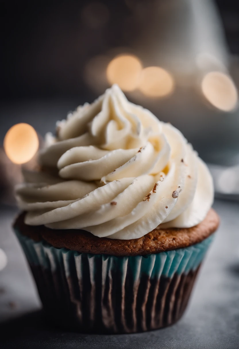 a detail shot of a perfectly frosted cupcake, showcasing the intricate piping work and decorative elements that make it a visually appealing and sweet snack