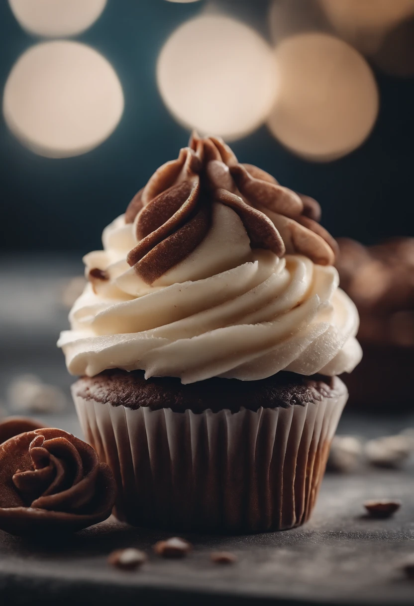 a detail shot of a perfectly frosted cupcake, showcasing the intricate piping work and decorative elements that make it a visually appealing and sweet snack