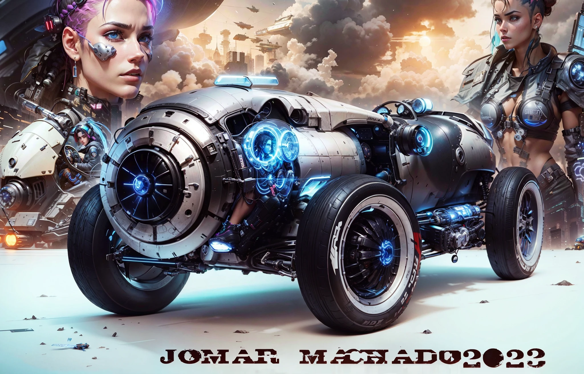 A powerful Cyberpunk sports vehicle in foreground, on the back there is a beautiful cyberpunk pilot in a cyberpunk outfit and on the other side there is a beautiful cyberpunk female pilot, ao fundo uma cidade animada e agitada Cyberpunk