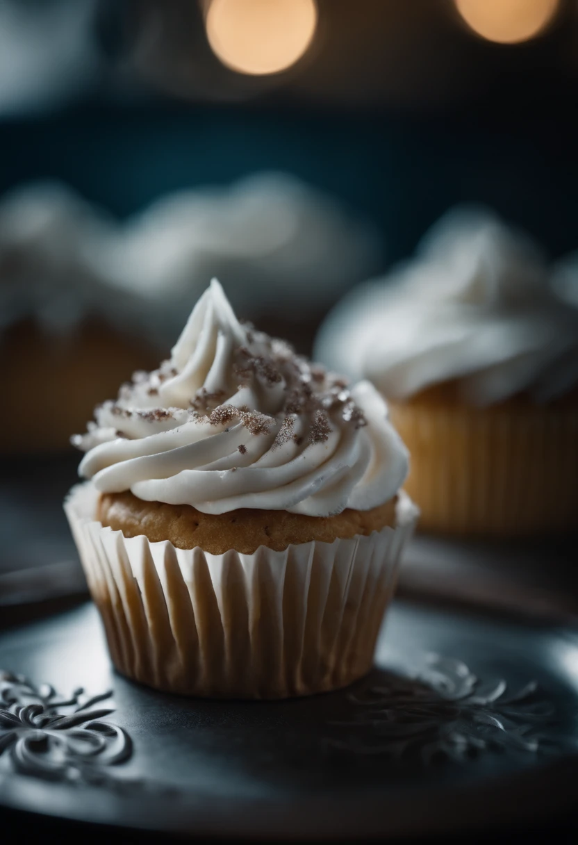 a detail shot of a perfectly frosted cupcake, showcasing the intricate piping work and decorative elements that make it a visually appealing and sweet snack