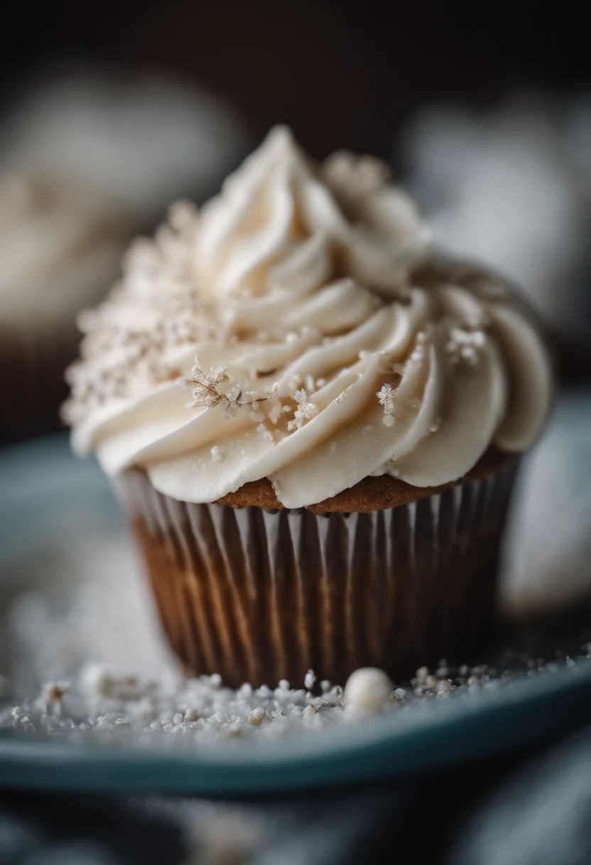 a detail shot of a perfectly frosted cupcake, showcasing the intricate piping work and decorative elements that make it a visually appealing and sweet snack