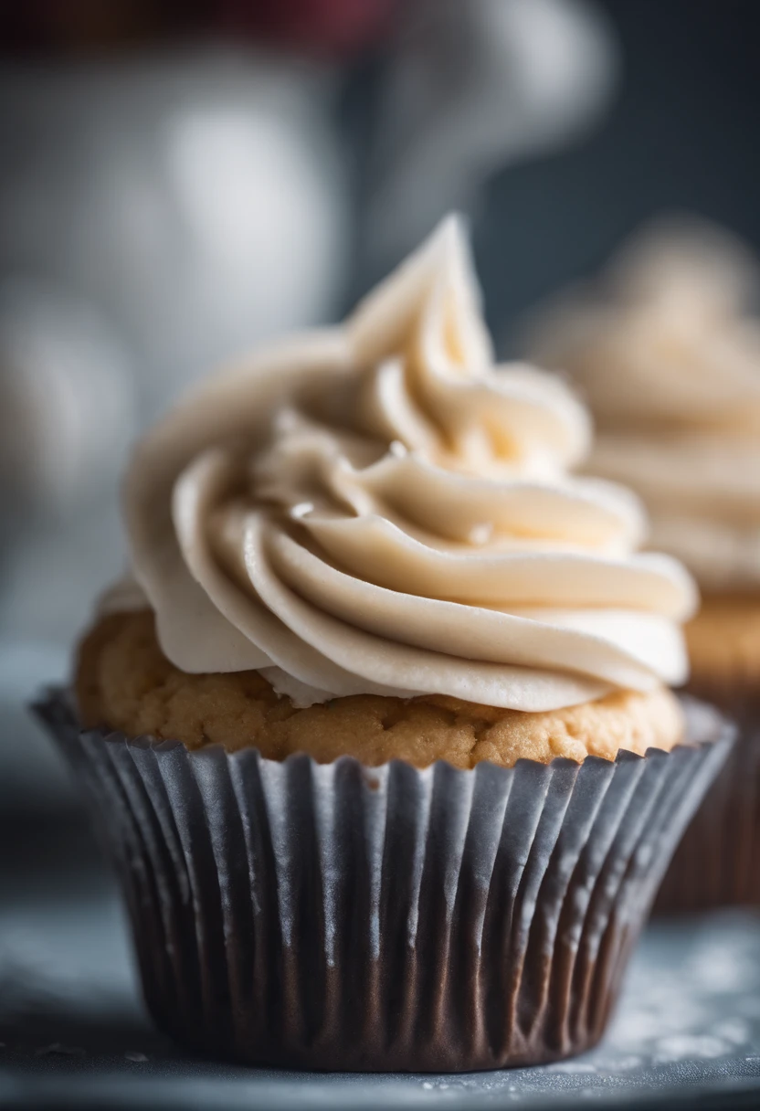 a detail shot of a perfectly frosted cupcake, showcasing the intricate piping work and decorative elements that make it a visually appealing and sweet snack