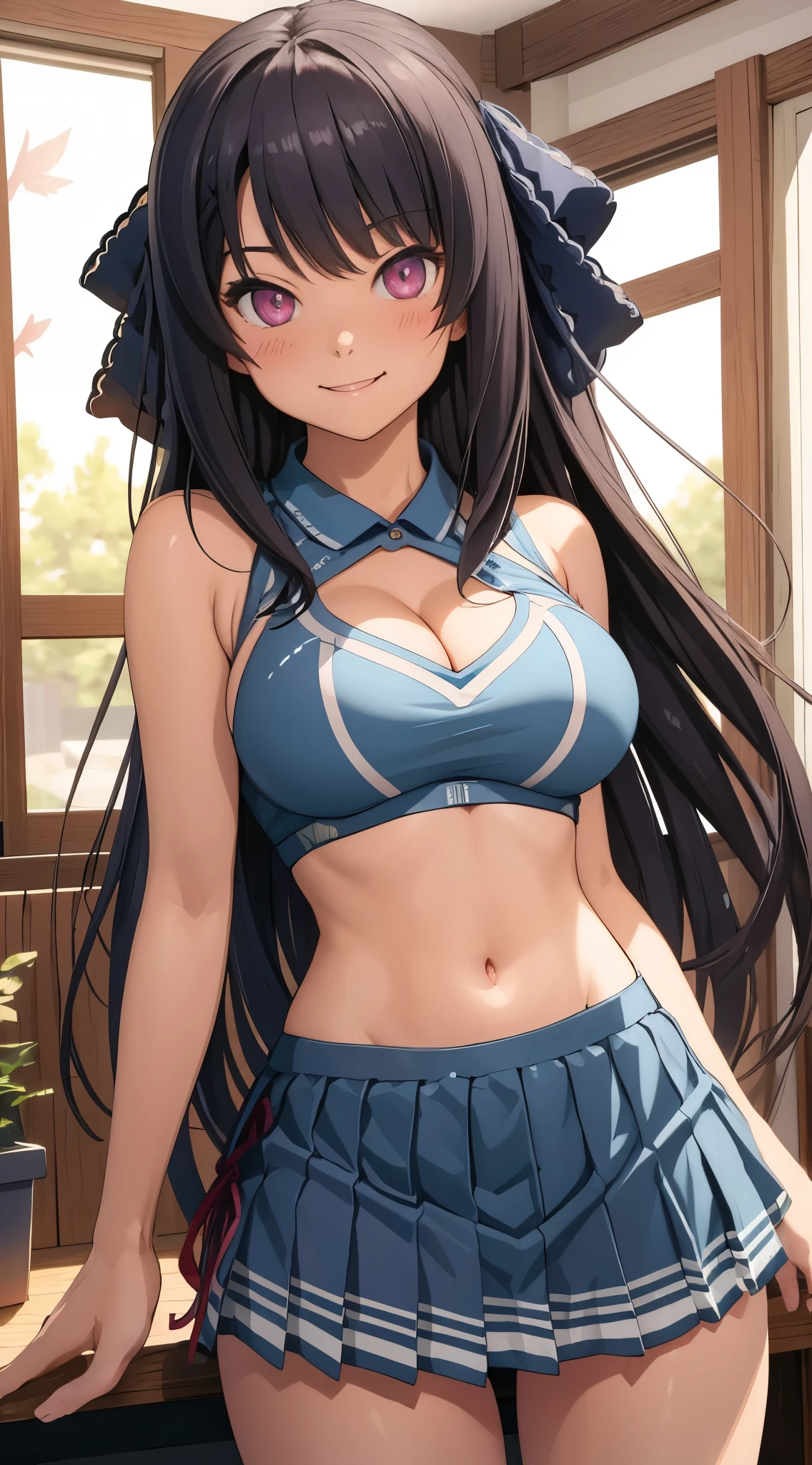 masterpiece, best quality, illustration, highly detailed, misakiao, hair ribbon, beautiful detailed eyes, light smile, cowboy shot, cheerleader, cleavage, midriff