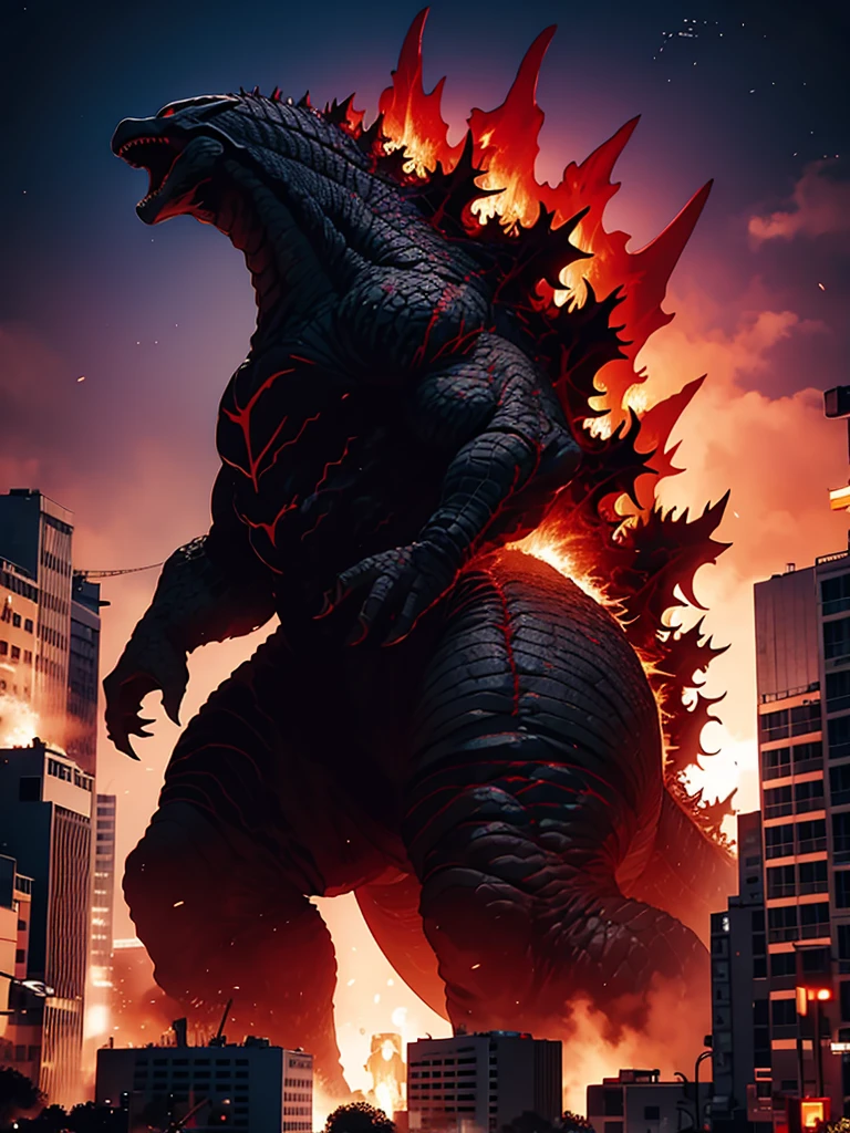 Godzilla destroying the city with atomic breath