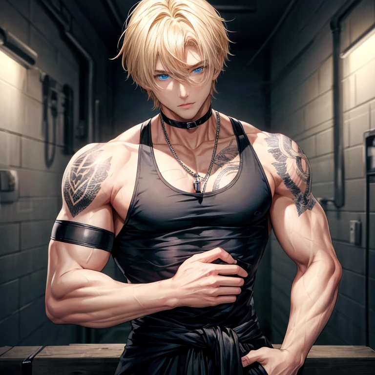 Male prisoner, blond hair, blue eyes, masculine, tank top, black and white prison jumpsuit is tied around the waist, tattoos