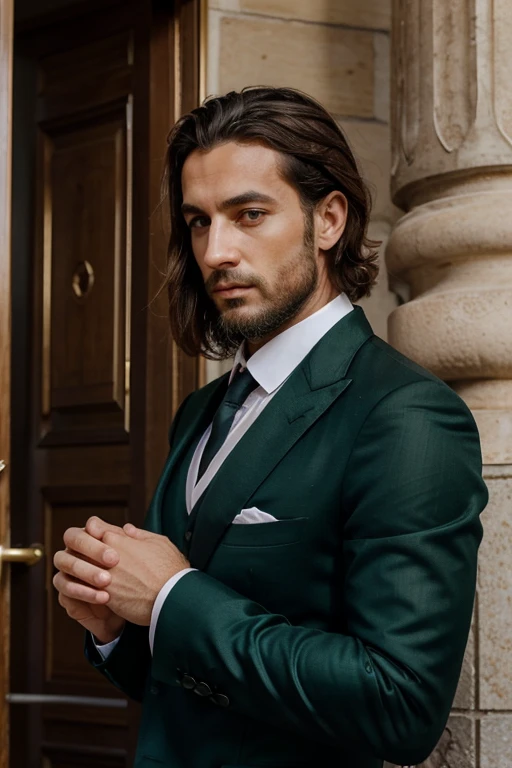 c'est un homme de 30 ans, italien, elegant en costume, avec des yeux vert, il pourrais etre mister monde, c'est un homme d'affaire, influenceur, et il fais des file de mode, il a une legere barbe, il est tres beau et tres classe