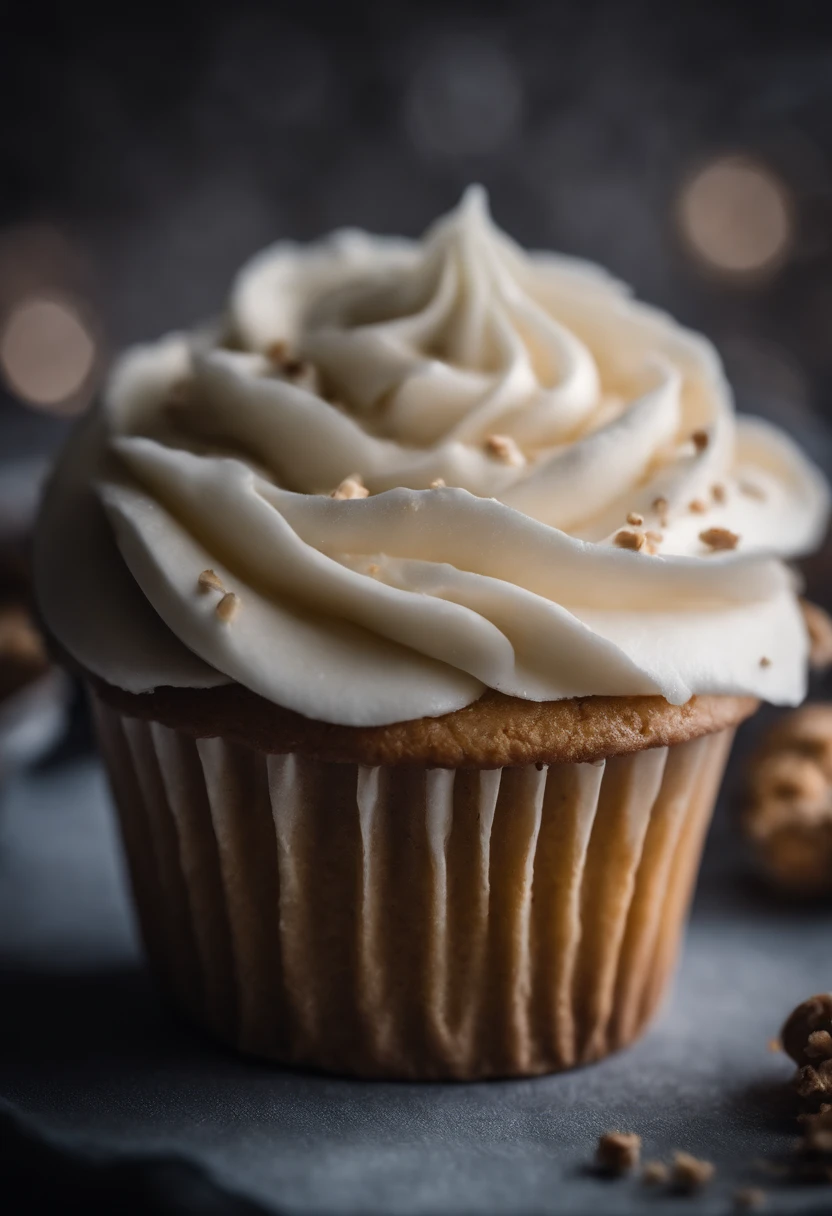 a detail shot of a perfectly frosted cupcake, showcasing the intricate piping work and decorative elements that make it a visually appealing and sweet snack