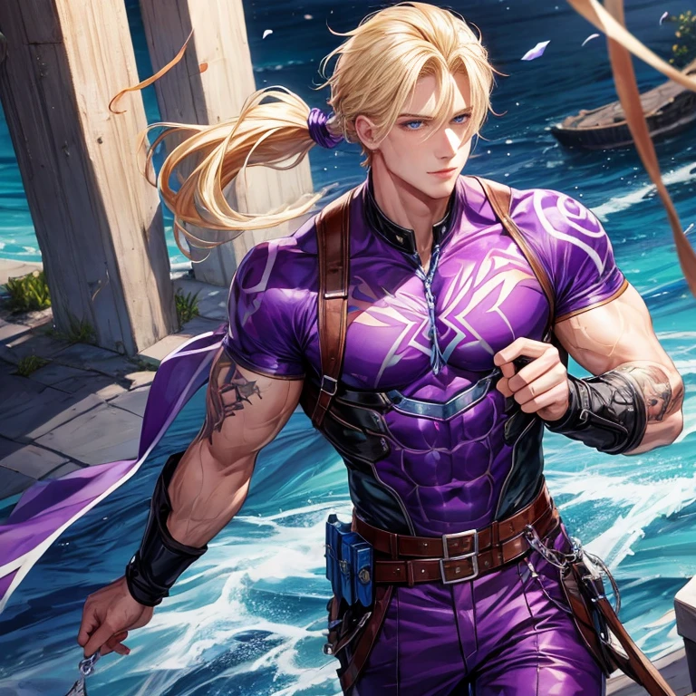 Male adventure, blond hair, blue eyes, masculine, red or purple adventure outfit, tattoos