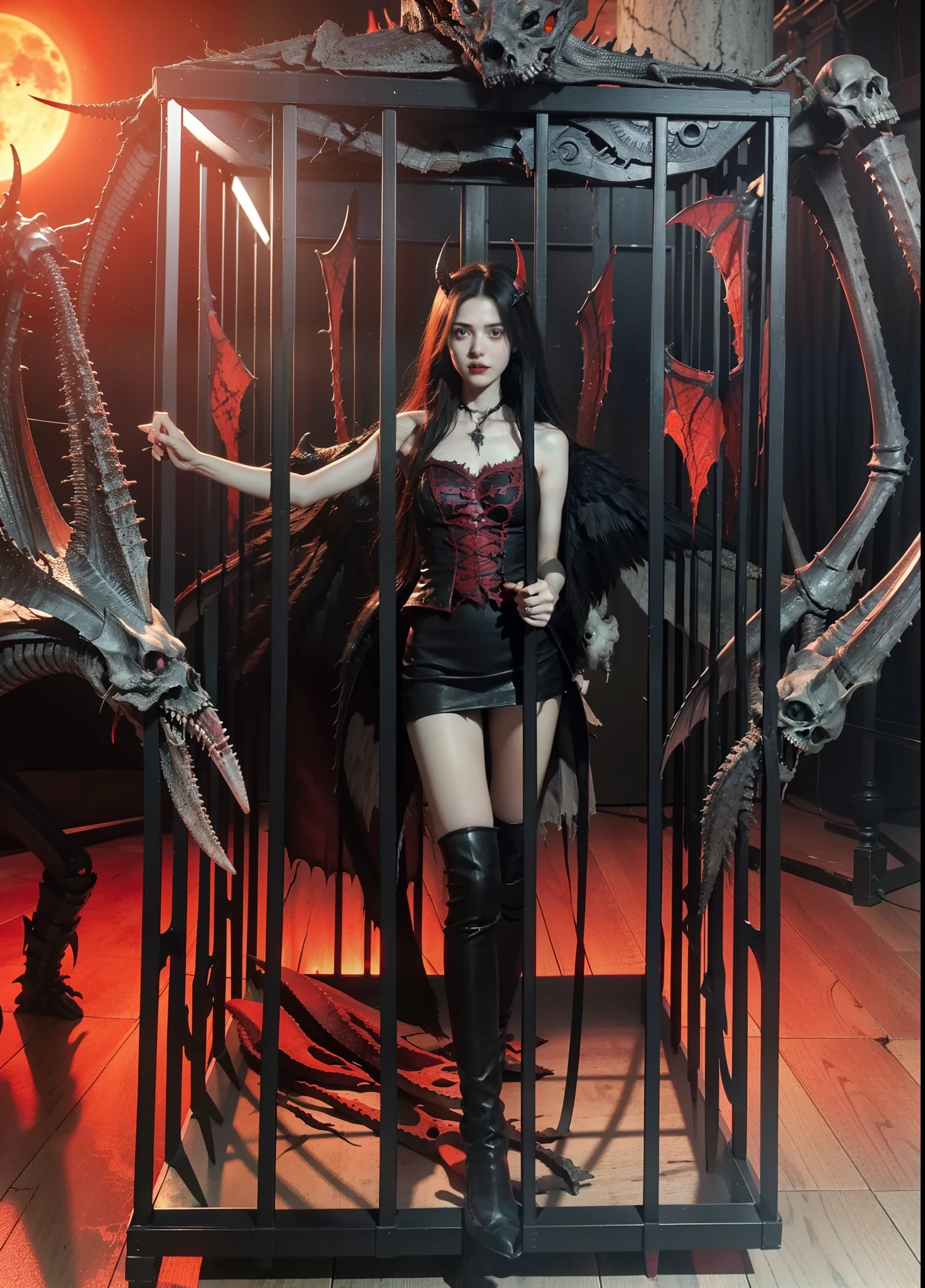 Fine matte painting,Picture of a box full of swords, , wings, Satan is excellent,fearsome,secret terror,tentaculata,There are eyes,uncanny valley effect teeth,little beast blood moon,Skeleton skeleton,Vampires,hell fire