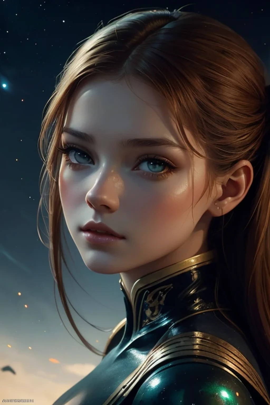 Amelia, sublime fille d&#39;une sénatrice dans l&#39;univers de Star Wars, 16 ans, cheveux longs auburn, Yeux verts, autoritaire, Elegant, distinguished, brodés tours, Watch the camera. highly detailed, digital painting, ArtStation, Art conceptuel, lisse, mise au point nette, illustration, Illustration par Wlop, Charlie Bowater et Alexandra Fomina. photo en pied.