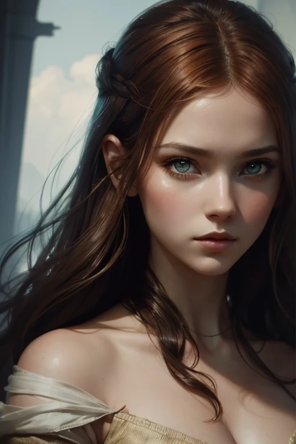 Amelia, sublime fille d&#39;une sénatrice dans l&#39;univers de Star Wars, 16 ans, cheveux longs auburn, Yeux verts, autoritaire, Elegant, distinguished, brodés tours, Watch the camera. highly detailed, digital painting, ArtStation, Art conceptuel, lisse, mise au point nette, illustration, Illustration par Wlop, Charlie Bowater et Alexandra Fomina. photo en pied.