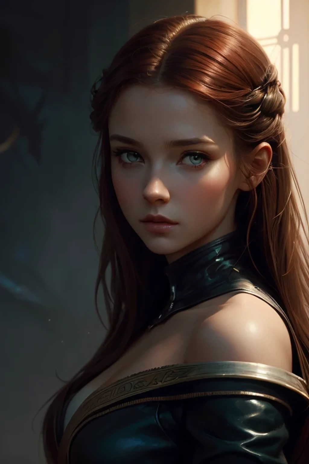Amelia, sublime fille d'une sénatrice dans l'univers de Star Wars, 16 ans, cheveux longs auburn, Yeux verts, autoritaire, Elegant, distinguished, brodés tours, Watch the camera. highly detailed, digital painting, ArtStation, Art conceptuel, lisse, mise au point nette, illustration, Illustration par Wlop, Charlie Bowater et Alexandra Fomina. photo en pied.