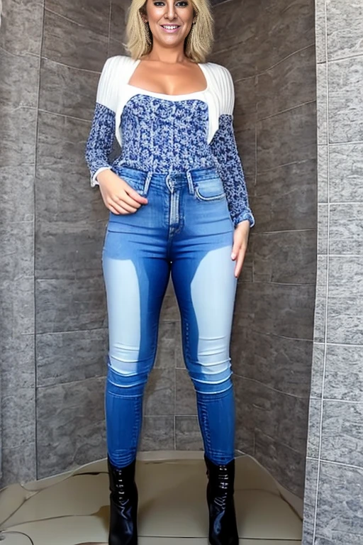 tall thin attractive blonde woman with long legs, blue eyes, messy bob hair, wavy shoulder length hair, tight white blouse and skinny jeans, black high heel boots, ((show boots)), inviting smile, (peeing self), ((shins wet with pee)), ((jeans gleaming wet with pee)), standing in puddle of pee, (((pee pouring from crotch of jeans))), standing in an office