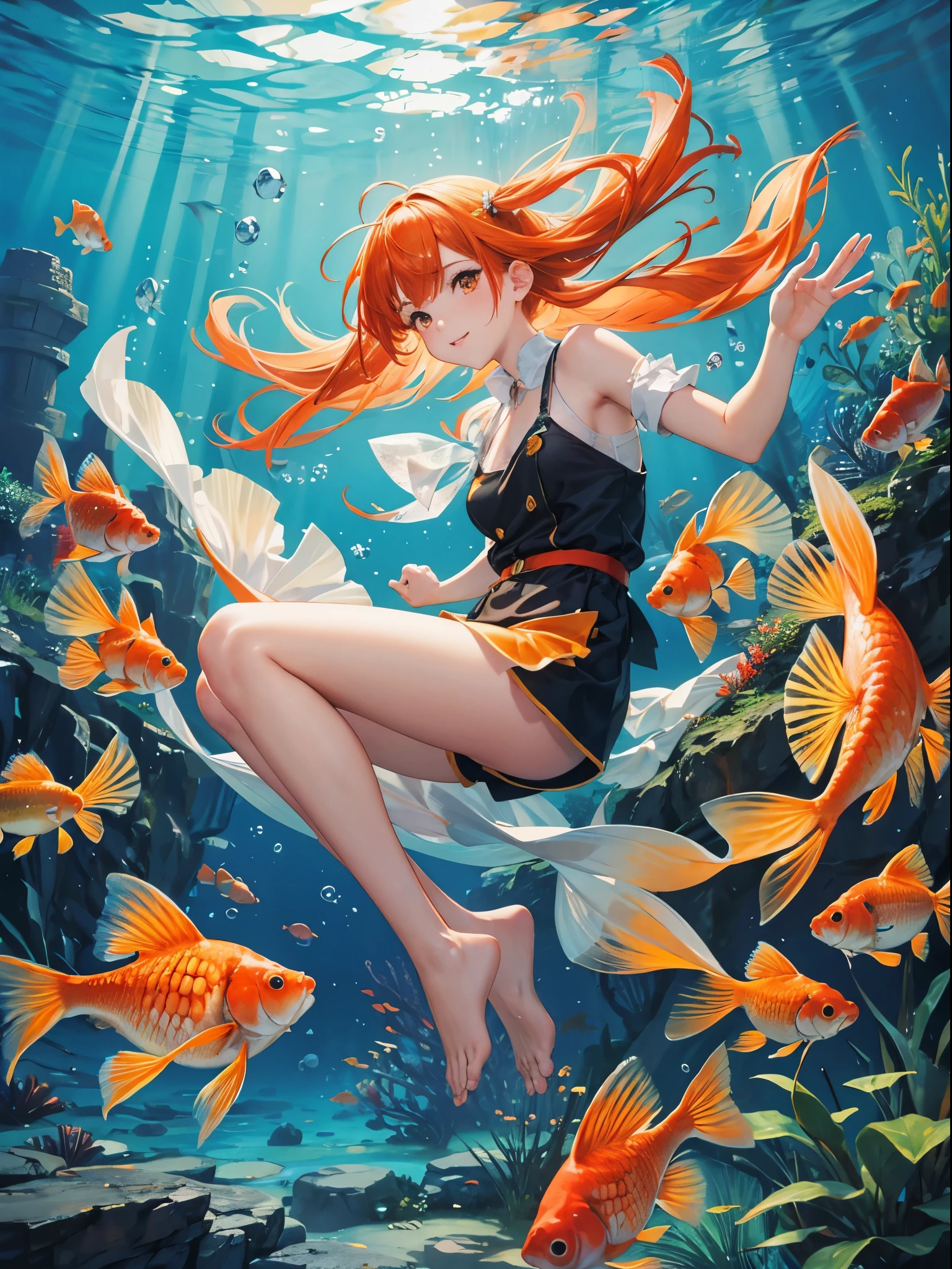 Goldfish girl, pond, fish scales,underwater, orange hairs,