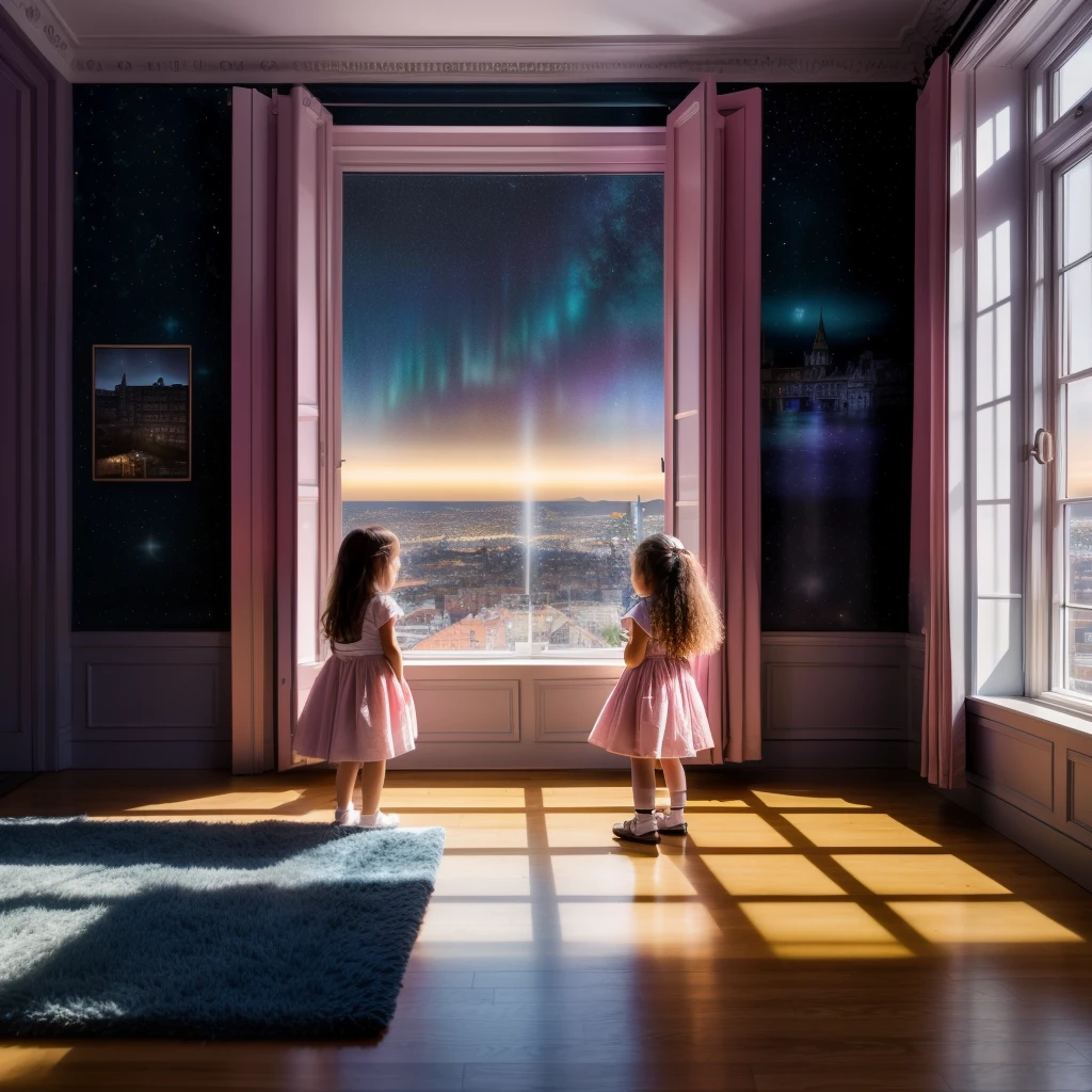 two s in a room standing near a window, you see starry sky through the window and the night lights of the city, (best quality, 4k, 8k, high resolution, masterpiece: 1.2, ultra detailed, realistic : 1.37, HDR, UHD, studio lighting, ultra fine paint, sharp, physically based rendering, two little girl, extremely detailed description, professional, vivid colors, fantasy, Maximum image quality, Hyperrealistic (8k ), ultra realistic, best quality, high quality, high definition