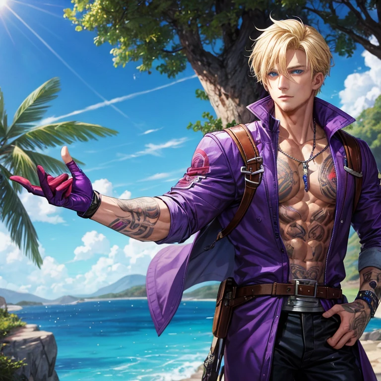 Male adventure, blond hair, blue eyes, masculine, red or purple adventure outfit, tattoos, on an adventure