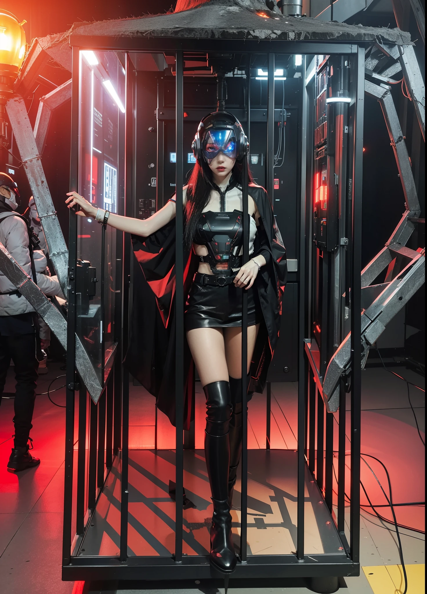 Fantasy cyberpunk world,1 Mechanical Miracle,Robots defend world order;Samurai mechanical armor,Equip transparent weapons,Streamlined black and red design,wearing in black cloak,A big part of a 1-person robot,Art of the highest quality,8K ultra-high resolution,动态照明,cinematic splendor,Vibrant colors,Wearing a cyberpunk space helmet,Luminous mechanical protective mask,Future high-tech tactical helmet,steel armor,cosmic energy reactor