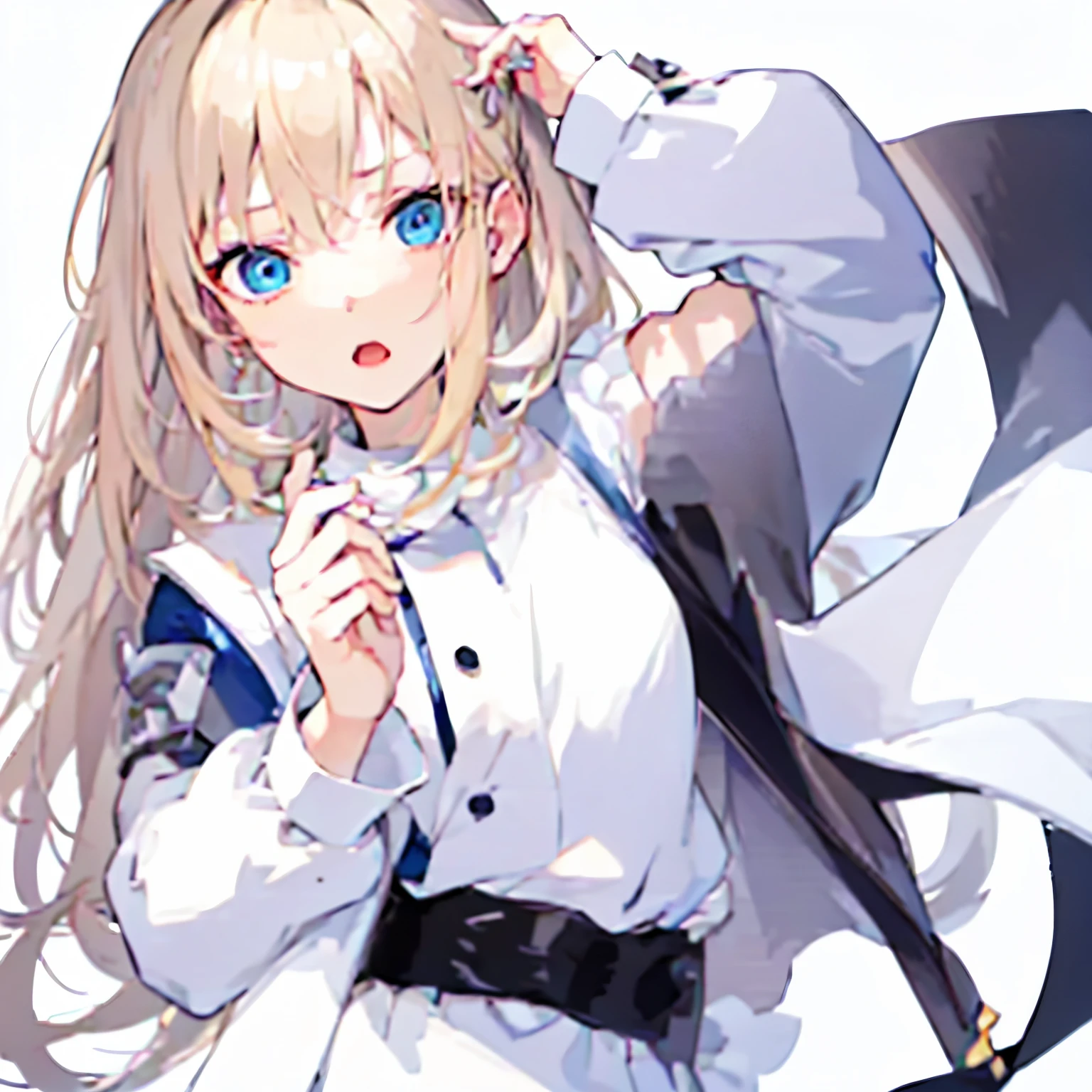 【Highest Quality, masutepiece】  [(1girl:1.5), expressioness, (blonde hair:1.5), long hair,Blue dress, (blue eyes:1.3), white legwear, apron, hairband ribbon, slender beauty, short stature ,shoes, short sleeves, saucer, black footwear, Upper body] (Gray white background:1.3),