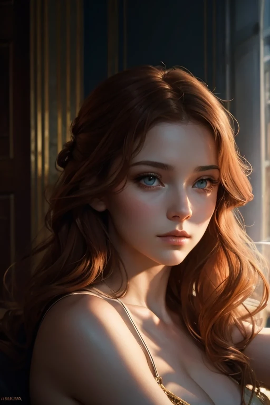 Amelia, sublime fille d&#39;une sénatrice dans l&#39;univers de Star Wars, 16 ans, cheveux longs auburn, Yeux verts, autoritaire, Elegant, distinguished, habillée d&#39;une nuisette sexy dans sa chambre, Watch the camera. highly detailed, digital painting, ArtStation, Art conceptuel, lisse, mise au point nette, illustration, Illustration par Wlop, Charlie Bowater et Alexandra Fomina. photo en pied.