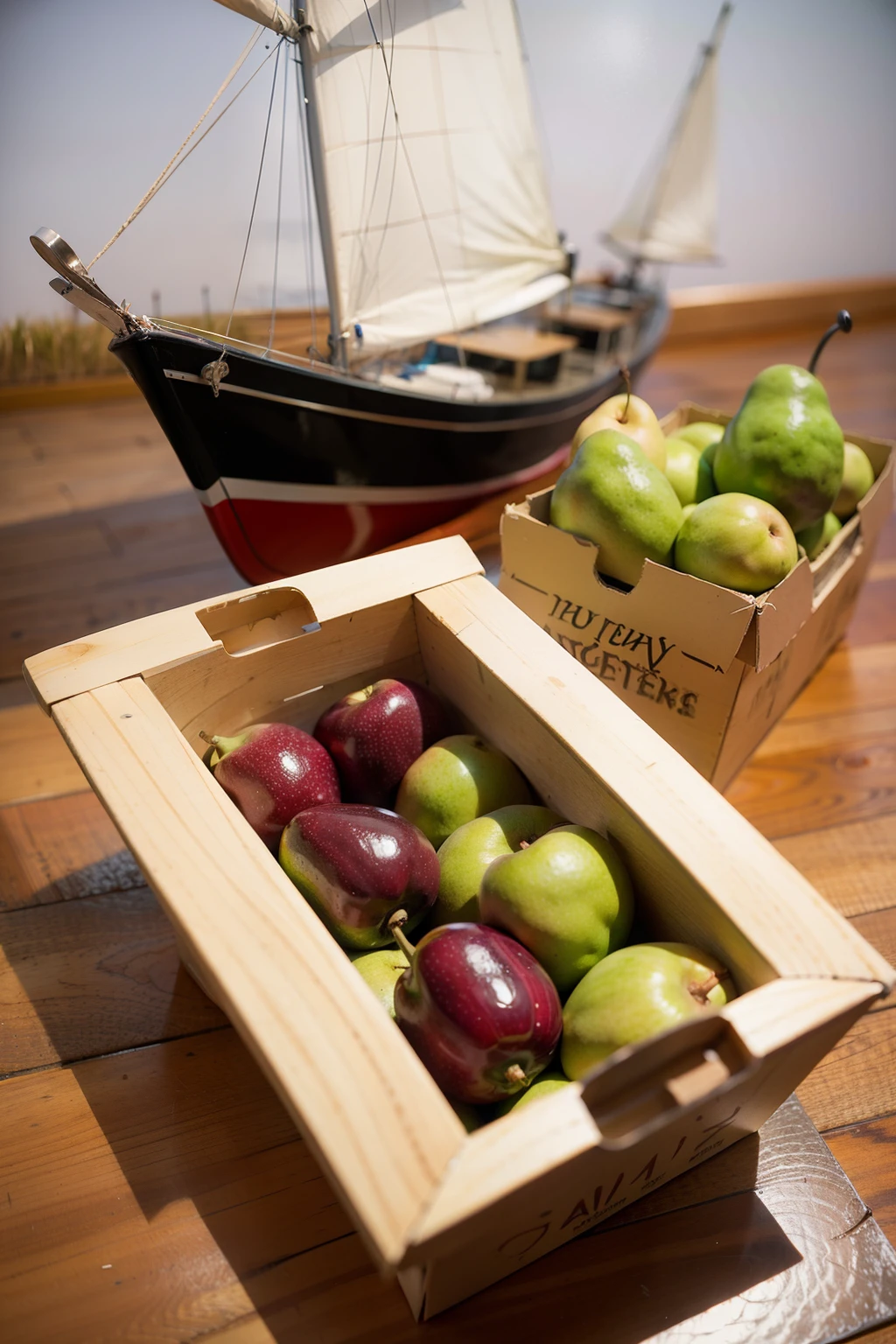 Sailing boat with pear boxes, quadratic element,  strokes without figures, Anime style