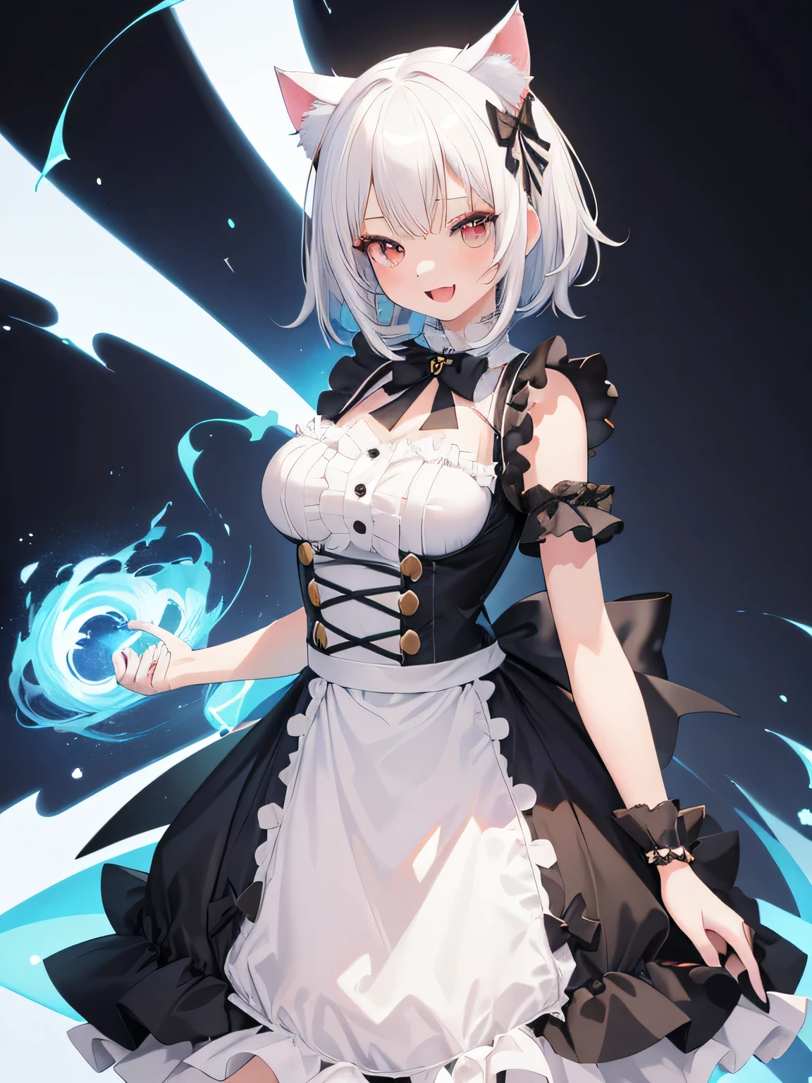 (masutepiece, Best Quality, High resolution: 1.2), 1 girl, Standing Solo, Gothic lolita, White hair, Cat ears,Style ArtGerm, Full Body Detail 4K，Devilish smile with wide open mouth，そしてその詳細なFull Body Detail 4K，(symple background)
