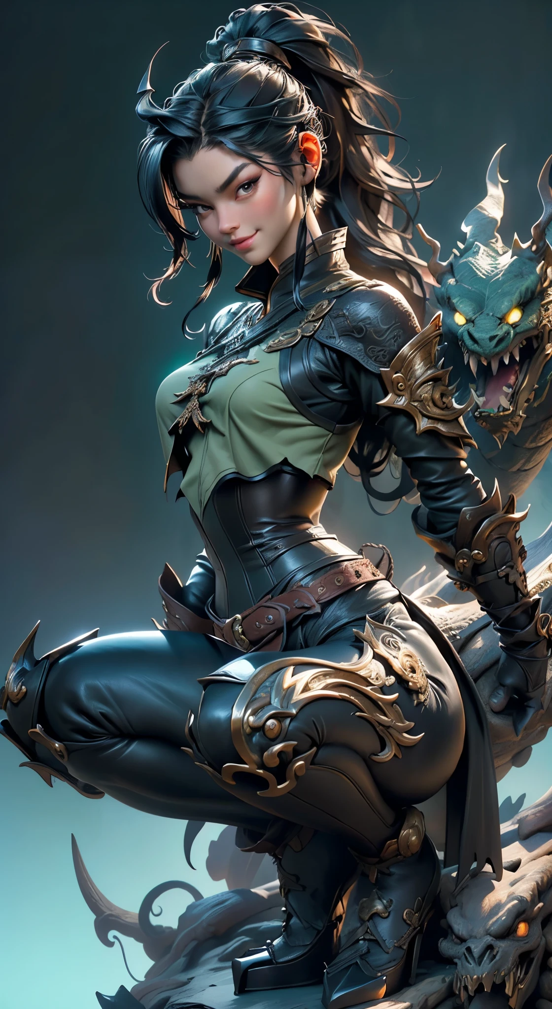 01_Green wooden dragon. Chinese style. Sculpture. A wooden sculpture, next to a cool girl in a leather corset, long dark hair, high black leather jackboots, black gloves on her hands, and metal spikes on her shoulders. Rock star, super beauty against the background of a sculpture made of wood, a green dragon - in the Chinese style., 02_ Highly detailed textures, the highest quality (Girl with white skin, in black boots with spikes and a corset (cool-sexy). Side lighting, warm light, cold shadows. Chiaroscuro, contrasting shapes, volume, and depth of the image. Slight blur in the background Dust squeaks underfoot, an old wooden sculpture, and soft lighting., 03_Highest quality, cinematic rendering. The epic setting, Chinese-style sculpture, and one character - a girl. Contrast lighting, warm light, soft - deep cold shadows. Ocher, seppia, cold lateral reflex. (Dark leather, metal, and several colors decorate the composition). The highest 3D rendering, cinema, animation, masterpiece. Unrea, black hair, french braid, crossed bangs, long hair, ponytail, smile, open mouth, Surrealism, Color Field painting, chiaroscuro, depth of field, cinematic lighting, drop shadow, UHD, retina, masterpiece, anatomically correct, textured skin, super detail, high details, high quality, award winning, highres, 16k