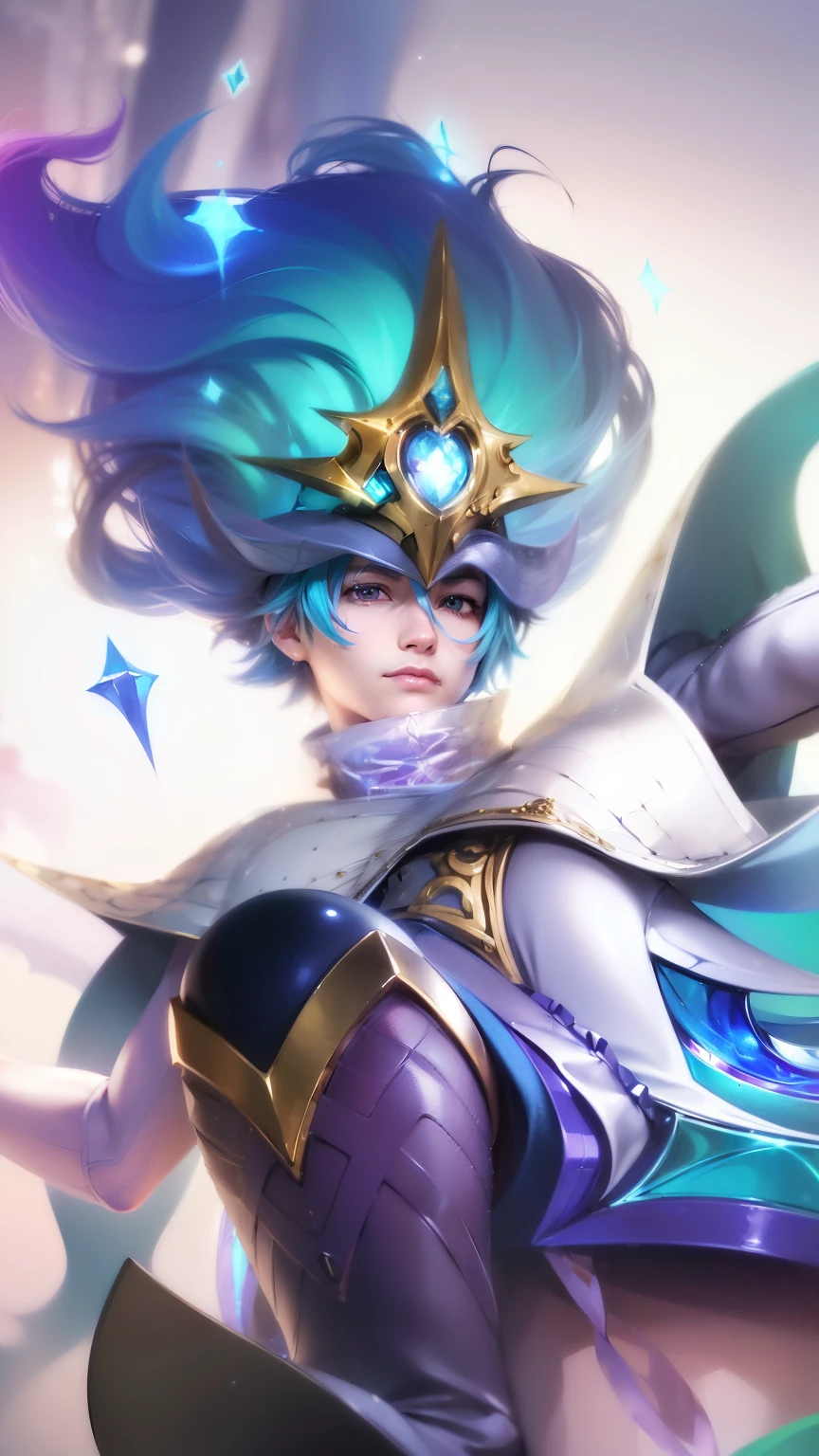 masculine male, masterpiece, ((perfect eyeest quality, (semirealism:1.9), beautiful lighting, (extremely detailed CG unity 4k fhd wallpaper), High Detail, Sharp focus, dramatic outdoors, 1 boy ,19 years old, blue hair, light purpel eyes, smile, a close up of a person with a hat and a sword, ashe, leblanc, rin, tane skin, orianna, range murata and artgerm, zenra taliyah, roguish smirk, vivy, ezreal (league of legends, charming sly smile, youthful taliyah, smirking male bard, kda, mobile legends,realistic, high quality, 8k, blue hair.