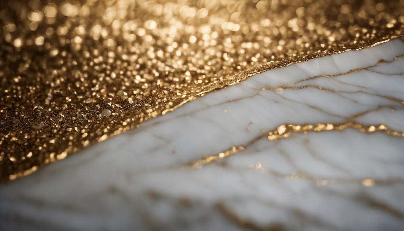 a macro shot of a marble stone texture background, with intricate details of the grain and patterns, enhanced by the presence of shimmering flecks of gold, creating a visually captivating and opulent image