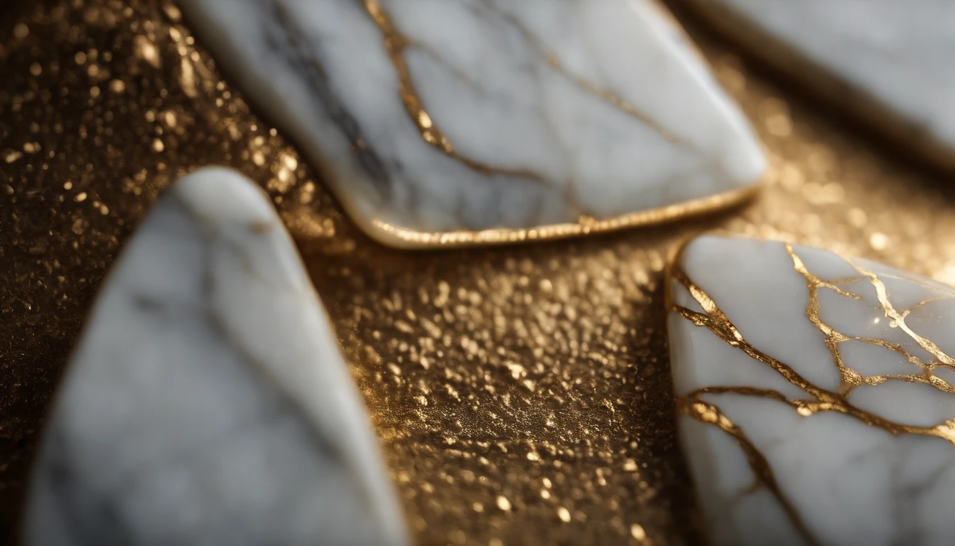 a macro shot of a marble stone texture background, with intricate details of the grain and patterns, enhanced by the presence of shimmering flecks of gold, creating a visually captivating and opulent image