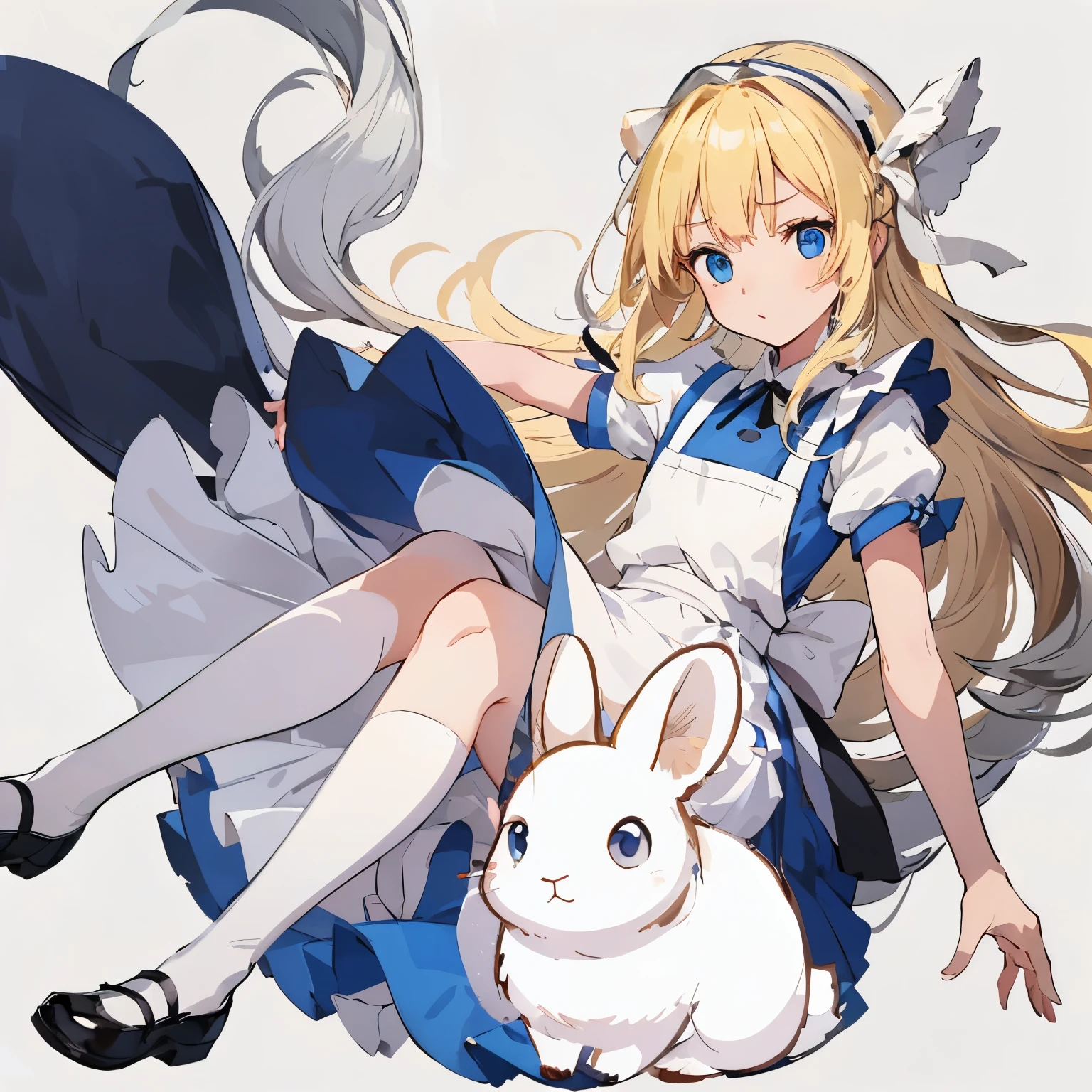 【Highest Quality, masutepiece】  [1 girl in, expressioness, (blonde hair:1.5), long hair, dress, (blue eyes:1.3), white legwear, apron, hairband ribbon, blue dress, shoes, short sleeves, saucer, black footwear, Upper body] (Gray white background:1.7), Surprised,[1 white rabbit,darkred eyes, sitting]