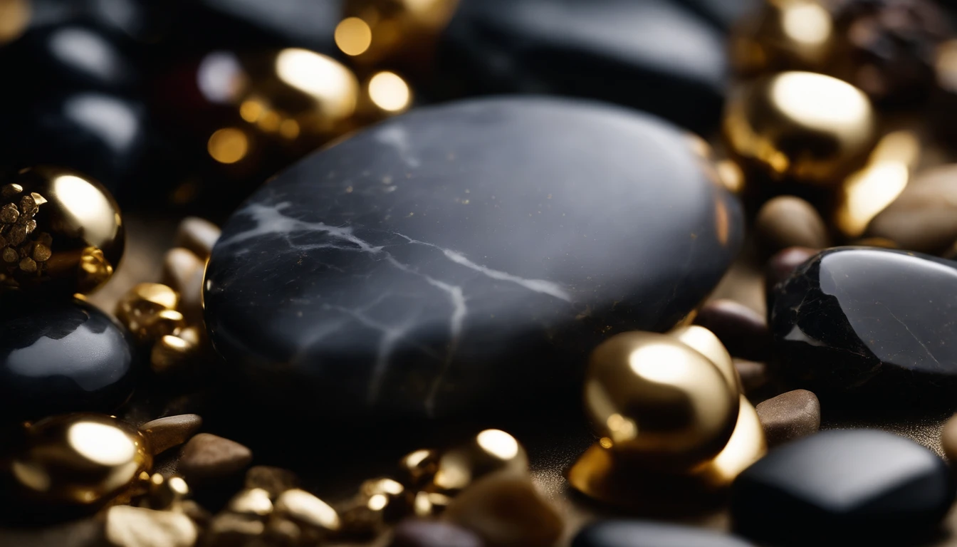 a still life shot of a marble stone texture background, with semi-precious stones and gold elements arranged in an artistic and balanced composition, showcasing the harmonious combination of natural and luxurious materials