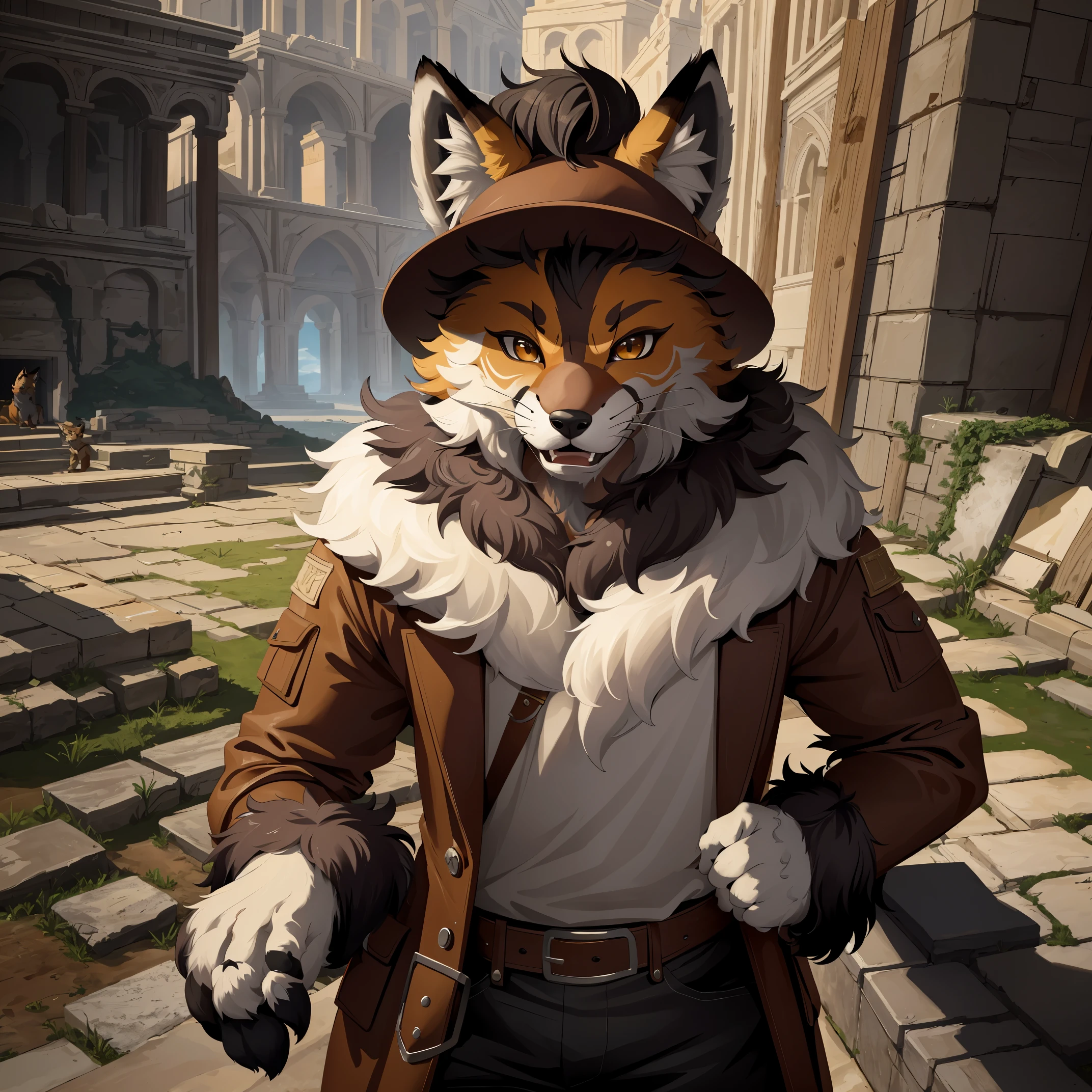 top quality, best quality, High-quality illustrations by Michelangelo, by Johannes Vermeer, masterpiece, super high resolution, detailed background, Old Ruins, Dungeons, Indiana Jones series(highly detailed beautiful face and eyes)absurdres, perfect anatomy(handsome 1boy, kemono, solo focus, Adventurer, Archaeologist)(furry)(furry anthro:1.7)(Furry body, fox facial features, fox body features)(very detailed body fur)full body, Dirty Coat and Hat,