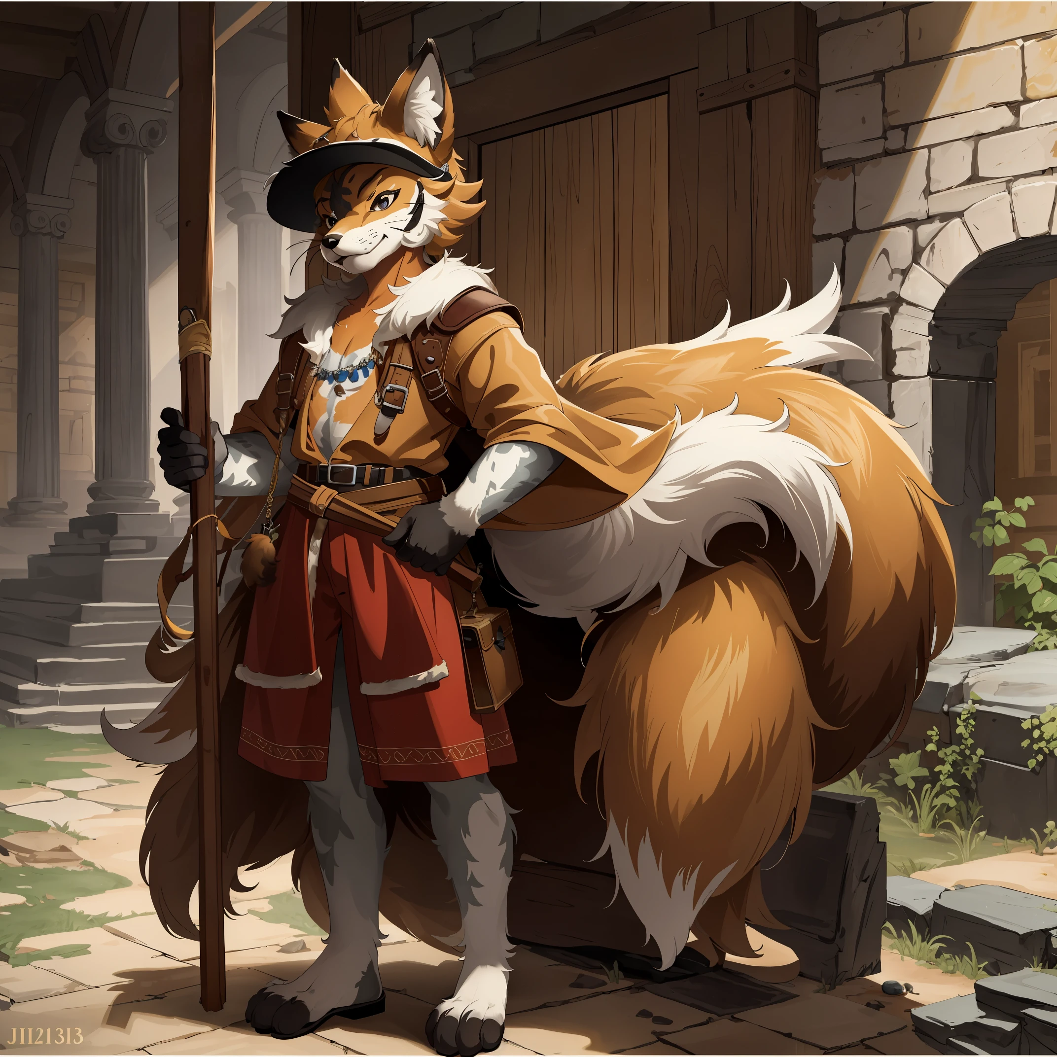top quality, best quality, High-quality illustrations by Michelangelo, by Johannes Vermeer, masterpiece, super high resolution, detailed background, Old Ruins, Dungeons, Indiana Jones series(highly detailed beautiful face and eyes)absurdres, perfect anatomy(handsome 1boy, kemono, solo focus, Adventurer, Archaeologist)(furry)(furry anthro:1.7)(Furry body, fox facial features, fox body features)(very detailed body fur)full body, Dirty Coat and Hat,