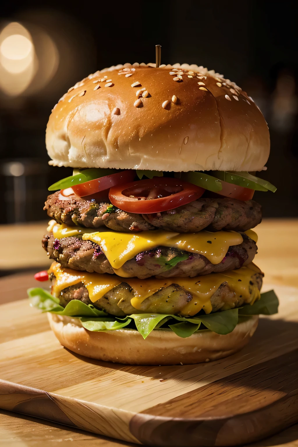 Generate an ultra-realistic image of a juicy burger with every detail, from the texture of the ingredients to the softness of the bread, capturing visual perfection that stimulates all the senses. Be sure to include appetizing reflections and realistic shadows to create a convincing visual representation of a gastronomic masterpiece.