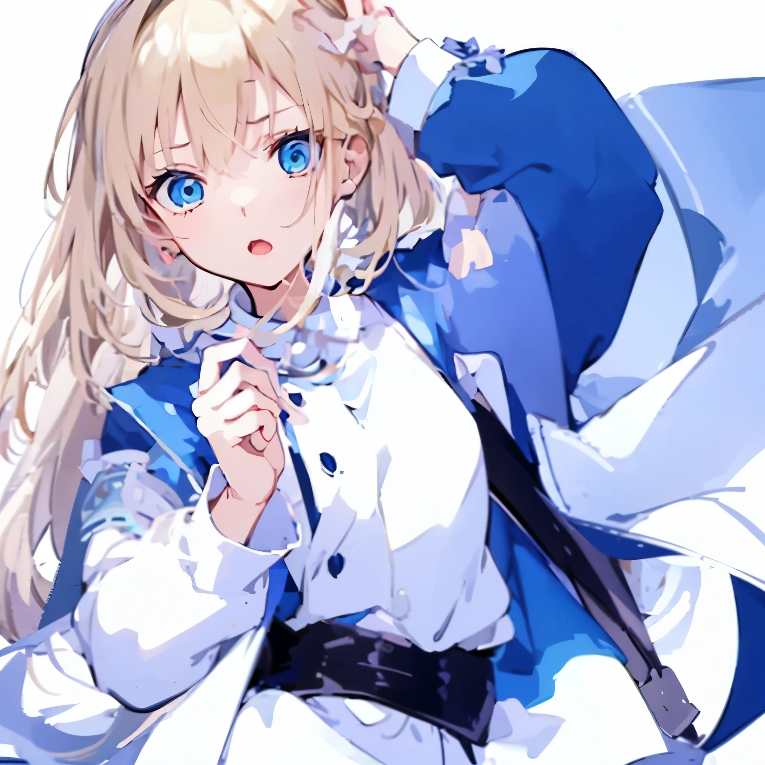 【Highest Quality, masutepiece】  [(1girl:1.5), expressioness, (blonde hair:1.5), long hair,Blue dress, (blue eyes:1.3), white legwear, apron, hairband ribbon, slender beauty, short stature ,shoes, short sleeves, saucer, black footwear, Upper body] (Gray white background:1.3),