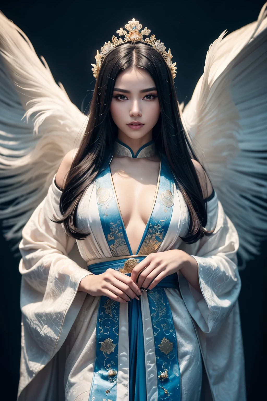 1 gorgeous woman, age 23, dark hair floating in the wind, full body shot,  she's a playmate, men magazine model, flirts with camera, in a white and gold dress and fur stole, full body xianxia, white hanfu, hanfu, flowing hair and long robes, a beautiful fantasy empress, wearing ancient chinese clothes, with acient chinese clothes, flowing magical robe, high quality costume, inspired by Huang Ji, palace ， a girl in hanfu, wearing a luxurious silk cloak. flying above the ground, In a snowy forest, starry night, norther lights, Perfect anatomy Perfect eyes, perfect hands, perfect body, perfect hair, perfect breast, accurate, side braid, UHD, retina, masterpiece, anatomically correct, textured skin, super detail, high details, high quality, award winning, best quality, highres, 16k, 8k