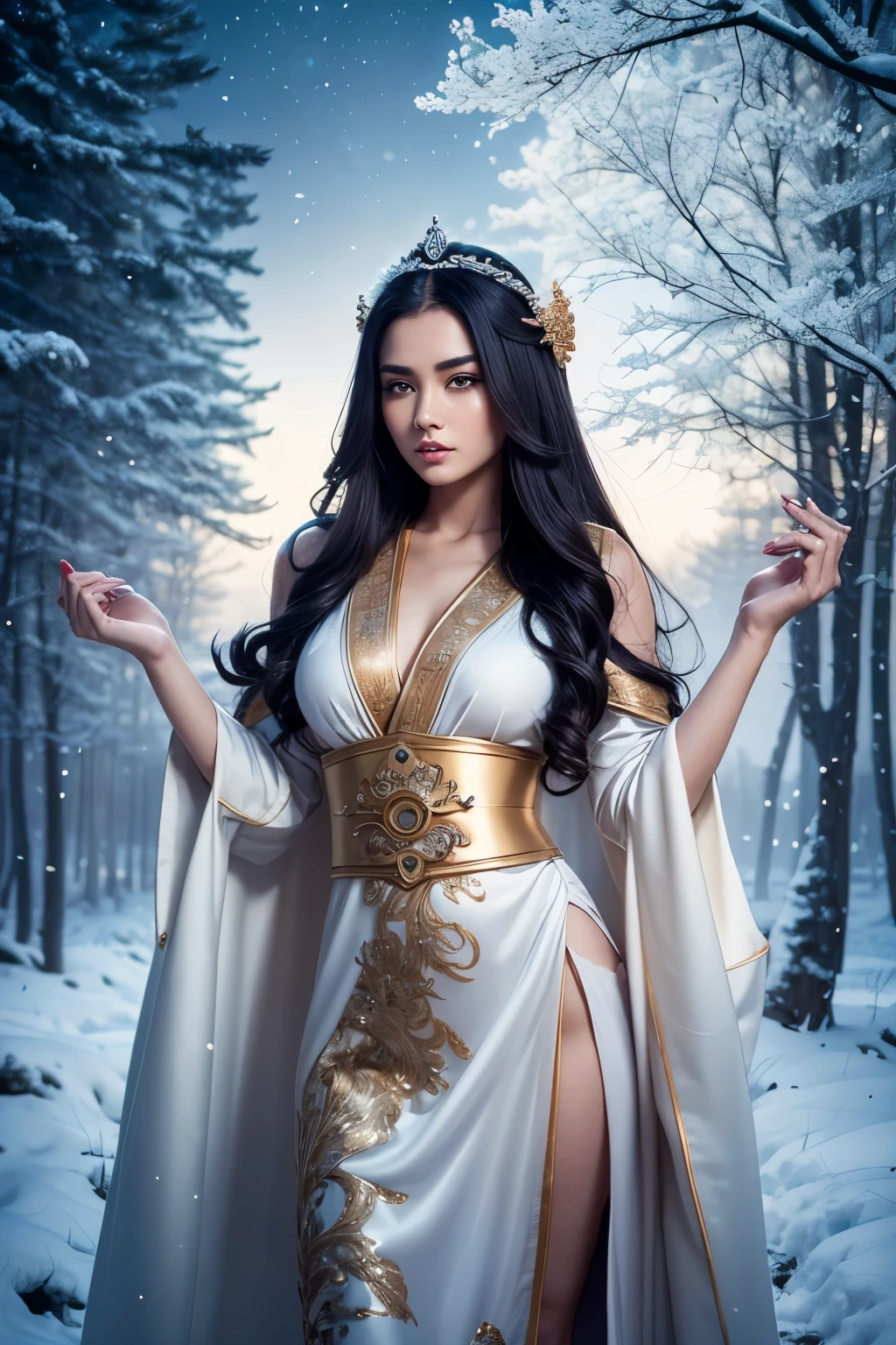 1 gorgeous woman, age 23, dark hair floating in the wind, full body shot,  she's a playmate, men magazine model, flirts with camera, in a white and gold dress and fur stole, full body xianxia, white hanfu, hanfu, flowing hair and long robes, a beautiful fantasy empress, wearing ancient chinese clothes, with acient chinese clothes, flowing magical robe, high quality costume, inspired by Huang Ji, palace ， a girl in hanfu, wearing a luxurious silk cloak. flying above the ground, In a snowy forest, starry night, norther lights, Perfect anatomy Perfect eyes, perfect hands, perfect body, perfect hair, perfect breast, accurate, side braid, UHD, retina, masterpiece, anatomically correct, textured skin, super detail, high details, high quality, award winning, best quality, highres, 16k, 8k