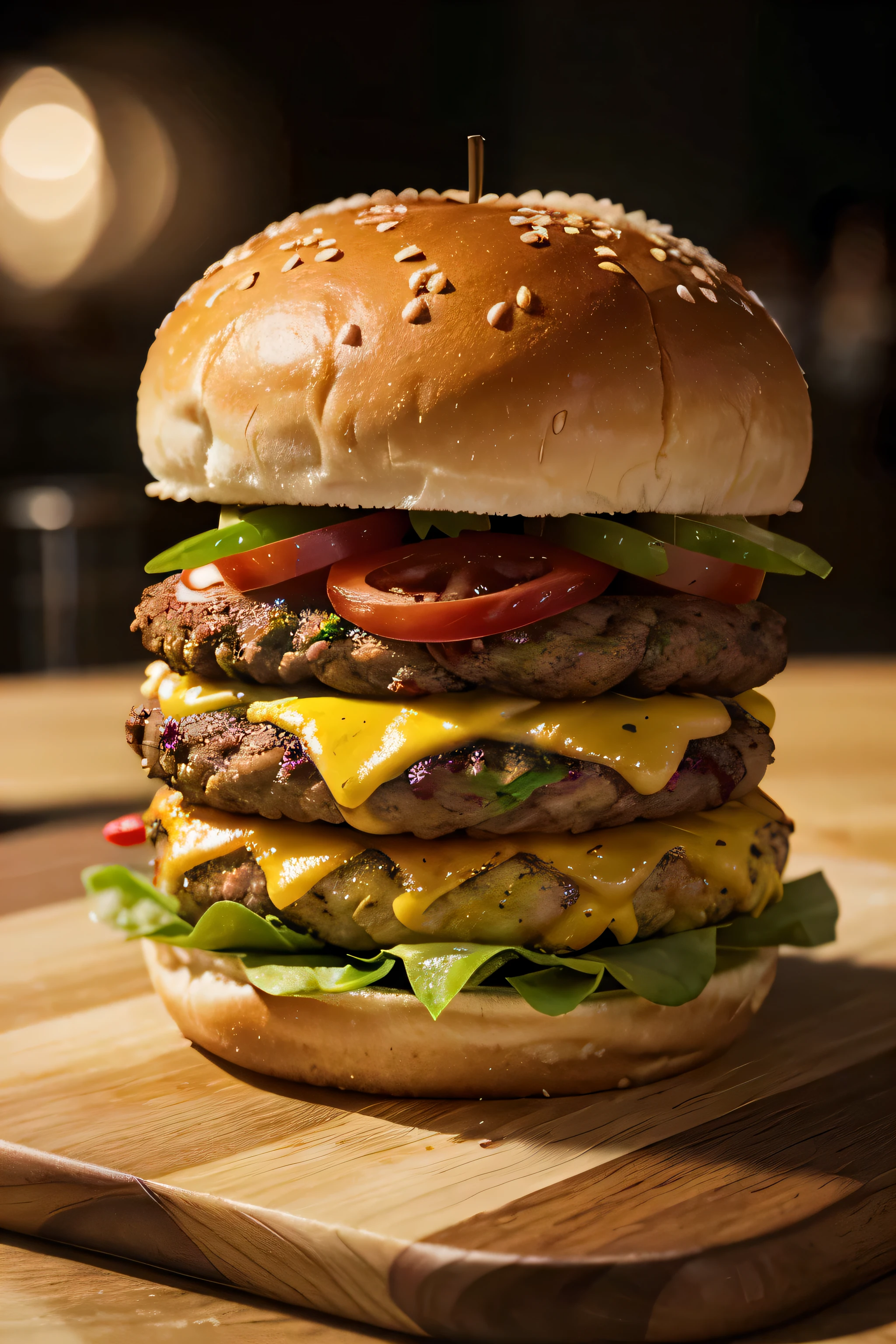 Generate an ultra-realistic image of a juicy burger with every detail, from the texture of the ingredients to the softness of the bread, capturing visual perfection that stimulates all the senses. Be sure to include appetizing reflections and realistic shadows to create a convincing visual representation of a gastronomic masterpiece.