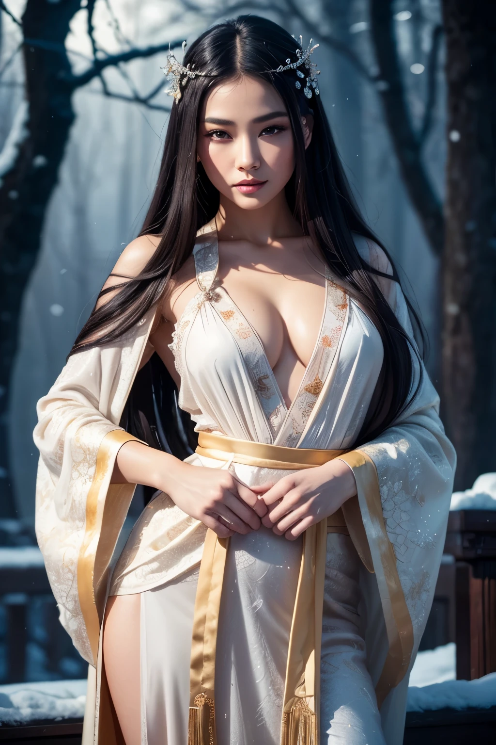 1 gorgeous woman, age 23, dark hair floating in the wind, full body shot, she's a playmate, men magazine model, flirts with camera, in a white and gold dress and fur stole, full body xianxia, white hanfu, hanfu, flowing hair and long robes, a beautiful fantasy empress, wearing ancient chinese clothes, with acient chinese clothes, flowing magical robe, high quality costume, inspired by Huang Ji, palace , a girl in hanfu, wearing a luxurious silk cloak. flying above the ground, In a snowy forest, starry night, norther lights, Perfect anatomy Perfect eyes, perfect hands, perfect body, perfect hair, perfect breast, accurate, side braid, UHD, retina, masterpiece, anatomically correct, textured skin, super detail, high details, high quality, award winning, best quality, highres, 16k, 8k