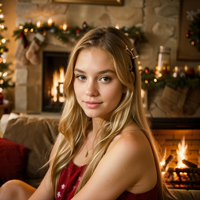 beautiful young girl, long blonde hair, looking at viewer, head portrait, photorealism sitting next to fireplace during christmas